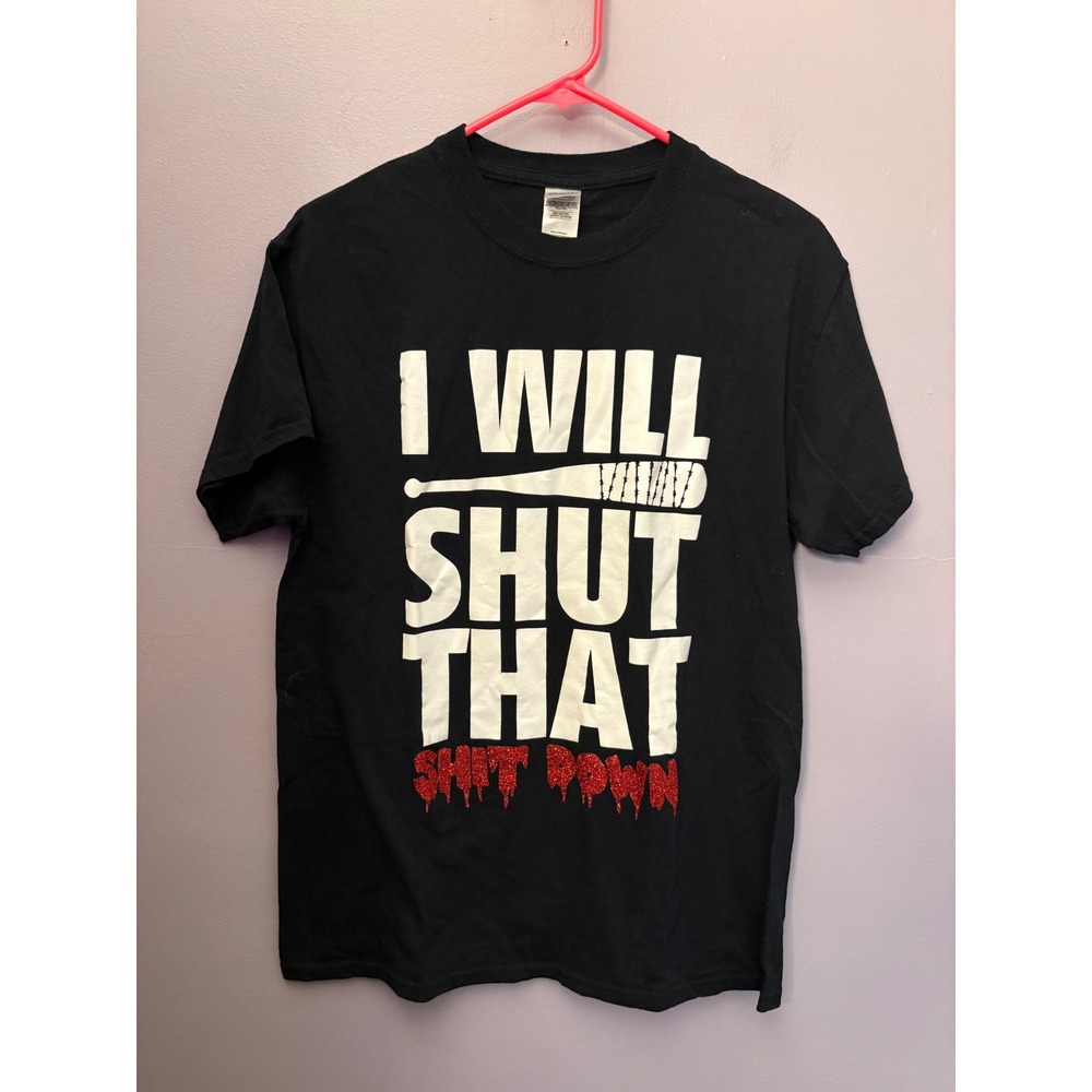 Walking Dead Negan Lucille Graphic T-Shirt Black Red Glitter Size M Gildan